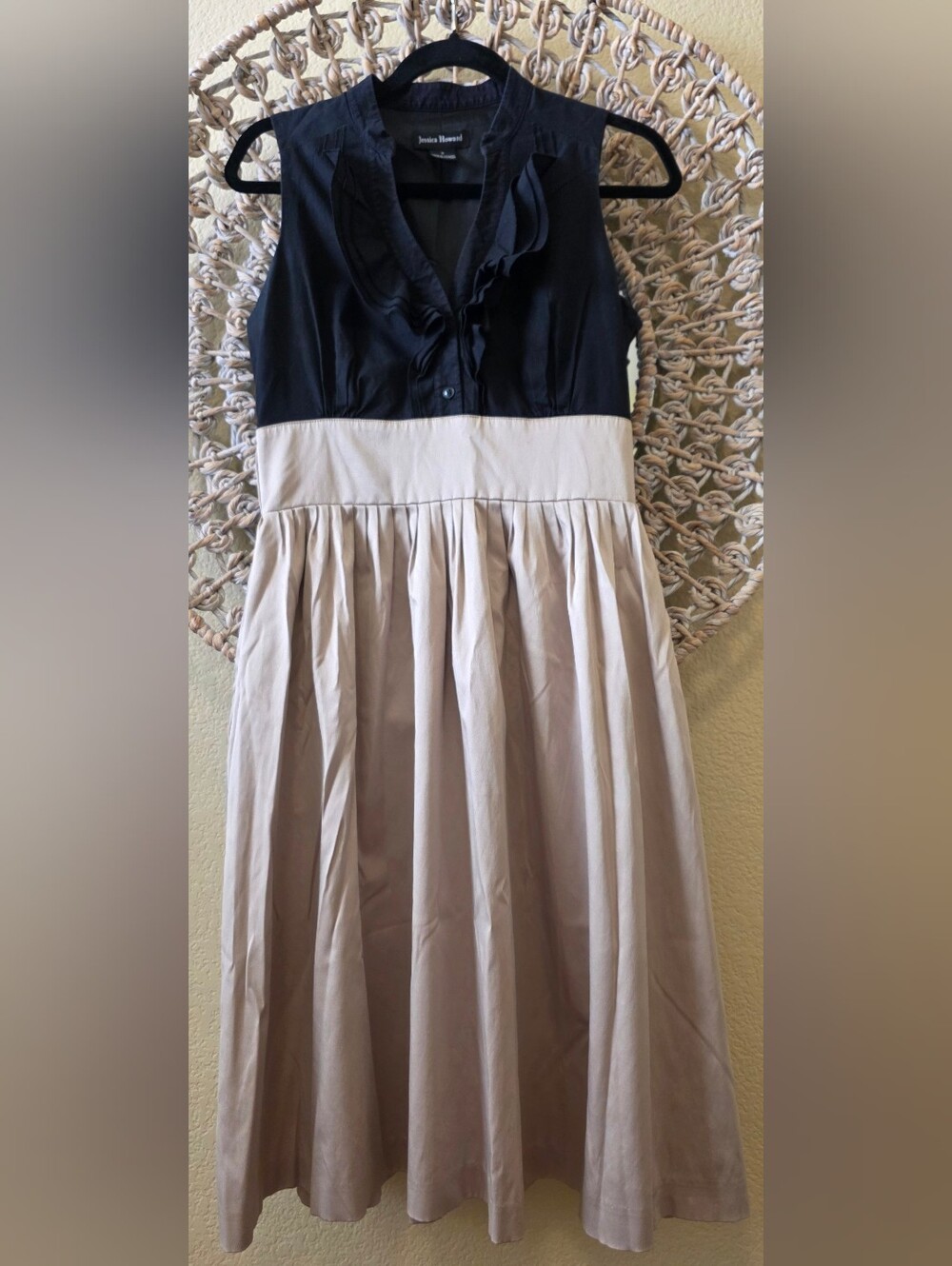 Jessica Howard Dress Size 6 Color Block Ruffle Fit Flare Pockets Cotton